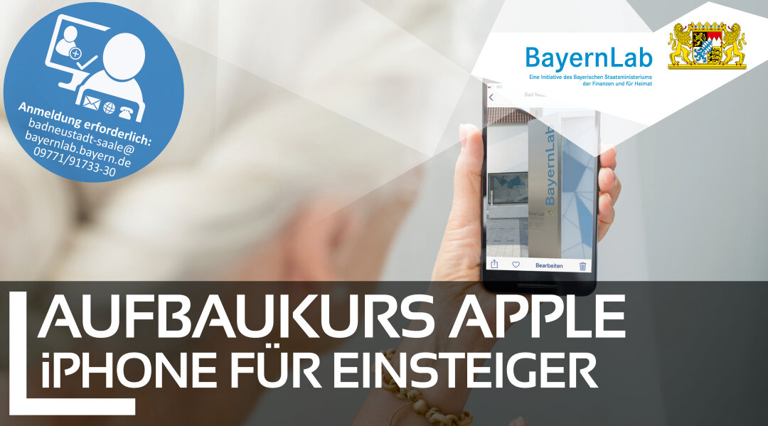 BayernLab NES, Veranstaltungsgrafik Aufbaukurs Apple iPhone für Einsteiger – VHS Veranstaltungsgraphik zum Workshop