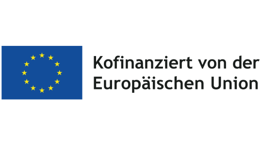12 Sterne im Kreis vor blauem Hintergrund; Schriftzug Kofinanziert von der Europäischen Union